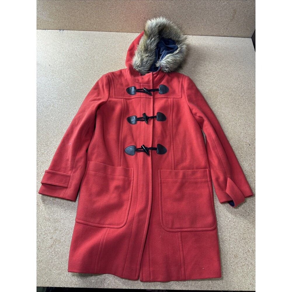 Boden Red Wool Blend Toggle Coat Faux Fur Hood Women US 8 UK 12